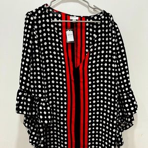 NWT. Black and white polka dot tunic with red V. Flutter sleeves. Size 20.
